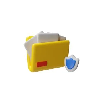 3D vector of yellow folder with white paper pages inside and blank shield. Stock Illustration