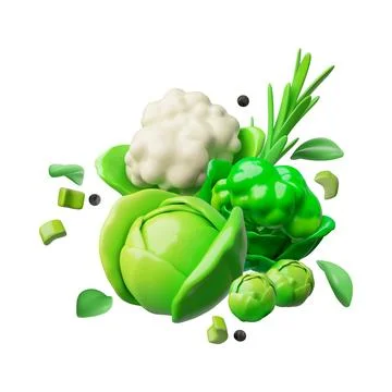 3D Vegetables. Cauliflower, White Cabbage, Brussels Sprouts with Green Onions Stock Illustration