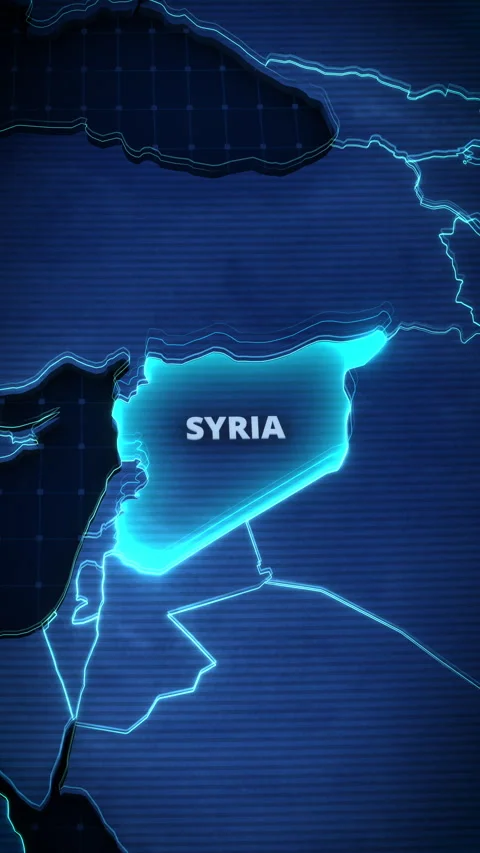 3D Vertical Digital Map Of Syria With Glowing Blue Neon Highlight And Borders Vidéo 336125551
