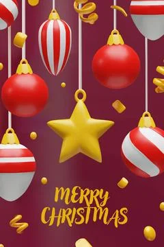 3D vertical red baubles poster confetti Stock Illustration