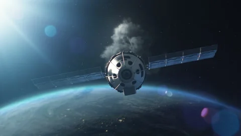 3D VFX graphics of satellite attacking another satellite with laser weapon Stock Footage 267032119