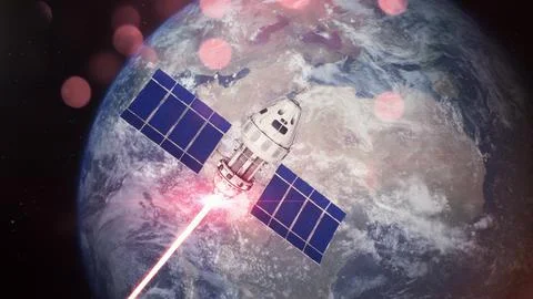 3D VFX rendering of the space-based satellite attacking object with laser weapon Stock Illustration