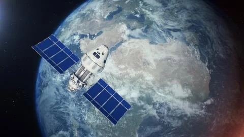 3D VFX rendering of the space-based satellite attacking object with laser weapon Stock Illustration