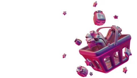 3D vibrant composition with levitating percent signs, gift boxes, and glossy Stock Illustration