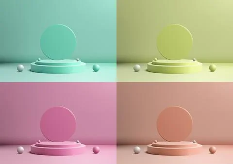 3D vibrant podium with a circle backdrop in the middle sits and balls eleme.. 스톡 일러스트