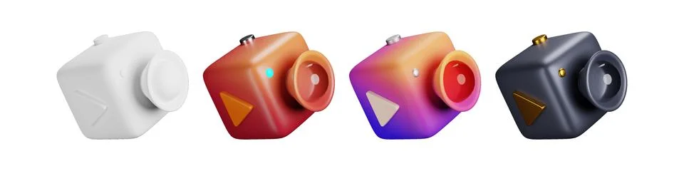 3D video camera assortment displaying high quality reflective recording devices, Stock Illustration