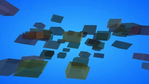 3D video featuring a swarm of floating, semi-transparent cubic Vidéo 338206602