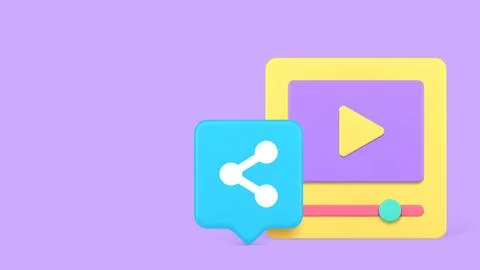 3d video player with share icon for social media content. Minimalist cartoon  스톡 일러스트