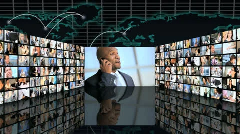 3D video wall montage Multi ethnic finance managers working phone Stock Footage