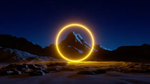 3d video of a yellow neon ring glowing over the futuristic scenery. Stock Footage 295066260