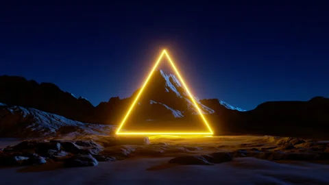 3d video of a yellow neon triangle glowing over the futuristic scenery. Video stock 295923276