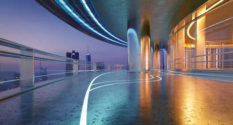 3D The view captures a bustling city from a tall building, showcasing tower.. Ilustración de archivo