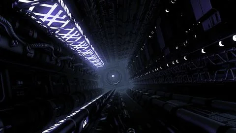 3d view inside of International space station. Motion. Flying inside Interior of Illustrazione stock