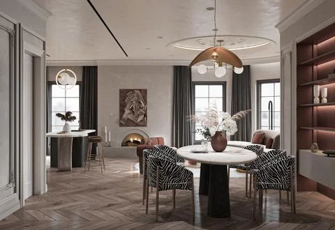 3D view From Modern Dining Space, Proper Lighting, Black Draw up Dining Cha.. Stock Photos