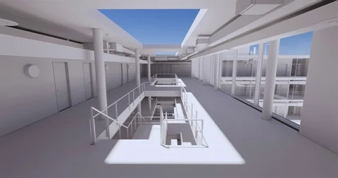 3D view a public space of a business center with a change in the time of day 库存影片 129252296