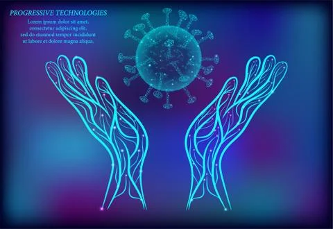 3D viral cell between two human hands. Polygonal triangle, infection, chronic Stock Illustration