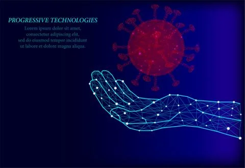 3D viral cell on human hand. Polygonal triangle, infection, chronic disease,  Stock Illustration