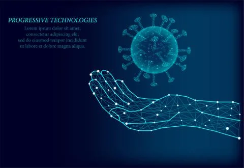 3D viral cell on human hand. Polygonal triangle, infection, chronic disease,  Stock Illustration