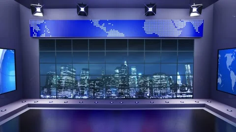 3d virtual news studio with night city background and floodlights Loop Stock Footage 141904362