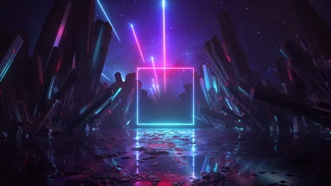 3d virtual reality scenery with neon square frame, falling stars and crystal Stock Footage 202248495