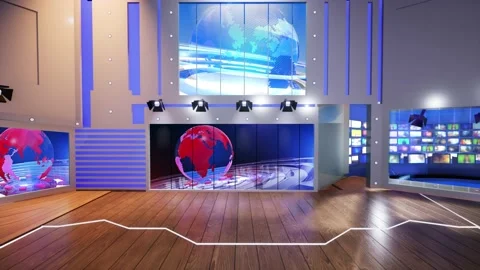 3D Virtual TV Studio News, Green Screen Background loop Stock Footage 142576703