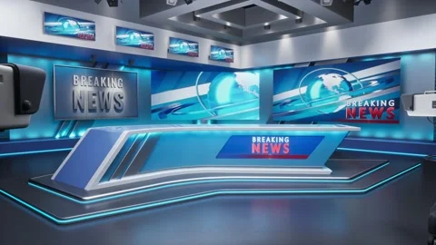 3D Virtual TV Studio News, Backdrop For TV Shows. TV On Wall. Stock Footage 182304065