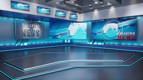 3D Virtual TV Studio News, Backdrop For TV Shows. TV On Wall. Stock Photos