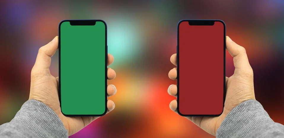 3D vision concept by using modern smartphones with blank colorful screens Stock Photos
