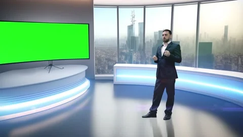 3d visualisation of TV studio where news anchor delivers the latest news Stock Footage 231198779
