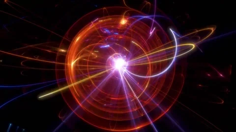 3D Visualization Atomic Nucleus Protons Neutrons Energy Trails 4K Stock Footage 330478456