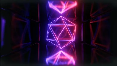 3d Visualization. Geometric figure in neon light against a dark tunnel. Laser Stock Illustration