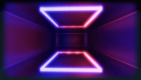 3d Visualization. Geometric figure in neon light against a dark tunnel. Laser Illustrazione stock
