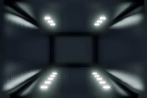 3d Visualization. Geometric figure in neon light against a dark tunnel. Laser Stock Illustration