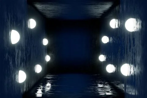 3d Visualization. Geometric figure in neon light against a dark tunnel. Laser Illustrazione stock