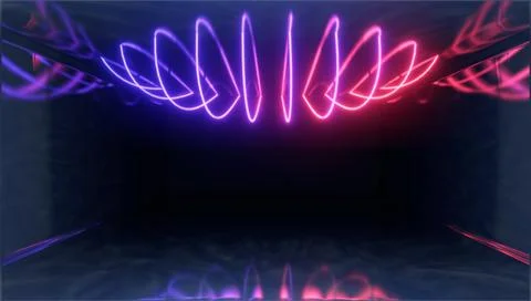 3d Visualization. Geometric figure in neon light against a dark tunnel. Laser Illustrazione stock