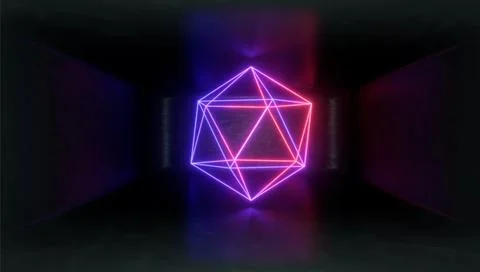 3d Visualization. Geometric figure in neon light against a dark tunnel. Laser Stock Illustration