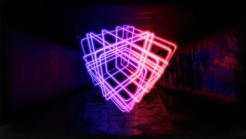 3d Visualization. Geometric figure in neon light against a dark tunnel. Laser Stock Illustration