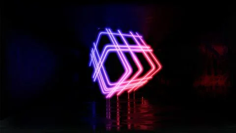 3d Visualization. Geometric figure in neon light against a dark tunnel. Laser Illustrazione stock