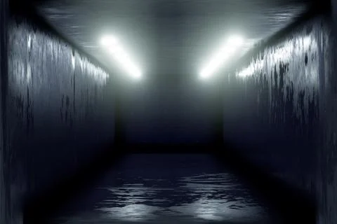 3d Visualization. Geometric figure in neon light against a dark tunnel. Laser Illustrazione stock