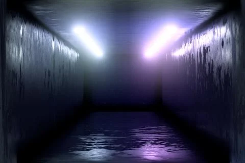 3d Visualization. Geometric figure in neon light against a dark tunnel. Laser Stock Illustration