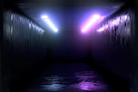 3d Visualization. Geometric figure in neon light against a dark tunnel. Laser Stock Illustration