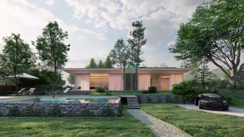 3d visualization of a house exterior. Modern luxurious house exterior motion Stock Footage 219254989