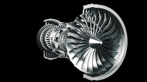 3D visualization of a jet engine isolated on a black background Stock Illustration