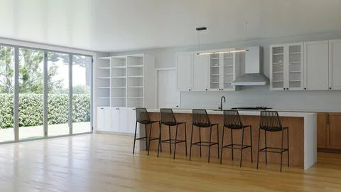 3D visualization of a kitchen with a wooden floor. Stock-Illustration