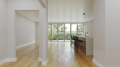 3D visualization of a kitchen with a wooden floor. Stockillustratie