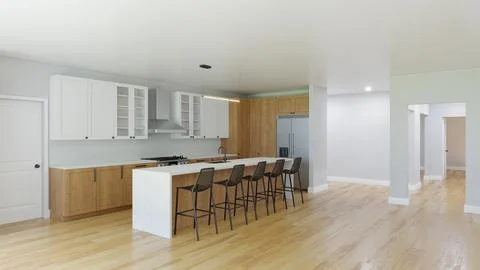 3D visualization of a kitchen with a wooden floor. 스톡 일러스트