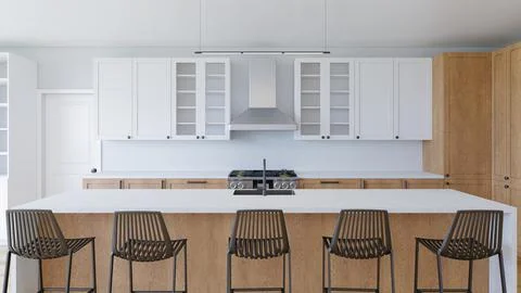 3D visualization of a kitchen with a wooden floor. Stock-Illustration