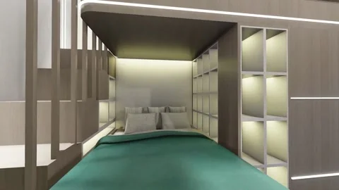 3d visualization of modern bedroom with bookshelf and random shelf. Luxurious Stock-Footage 218831836