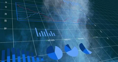 3D visualization presenting wireframe line, bar and pie charts in teal grid, Stockfoto's