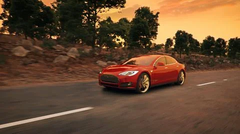 3D visualization of a red electric car driving on the road in sunset lights Stock Illustration